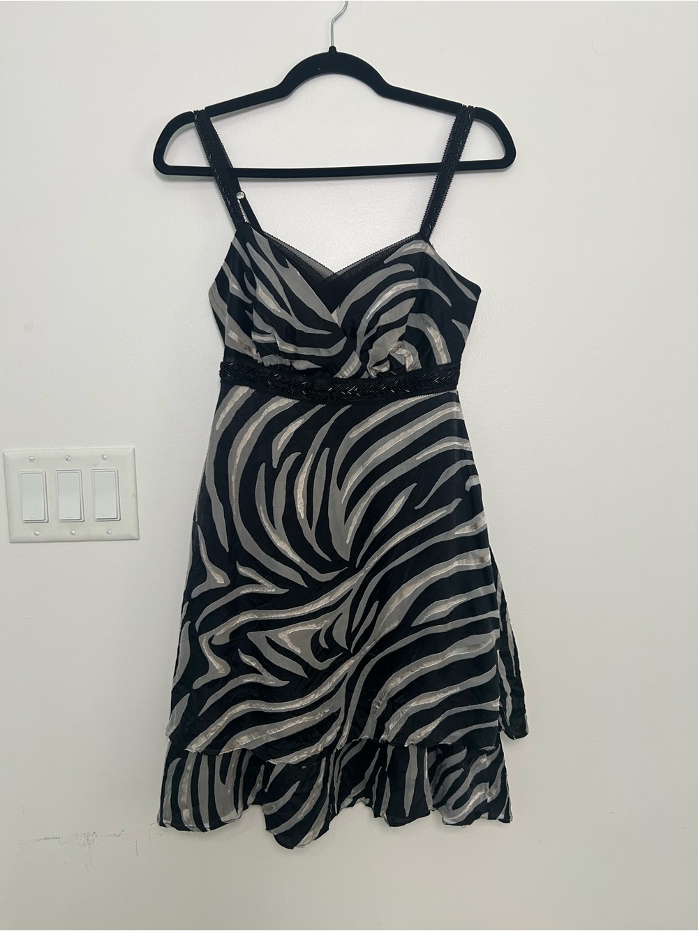 White House Black Market 00 Silk Zebra Mini Party Dress Y2K Beaded